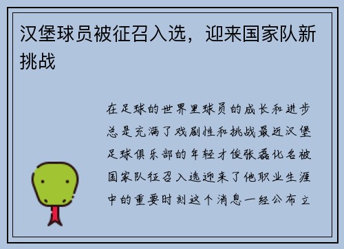 汉堡球员被征召入选，迎来国家队新挑战