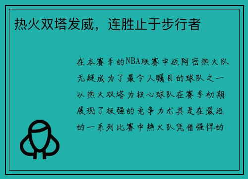 热火双塔发威，连胜止于步行者